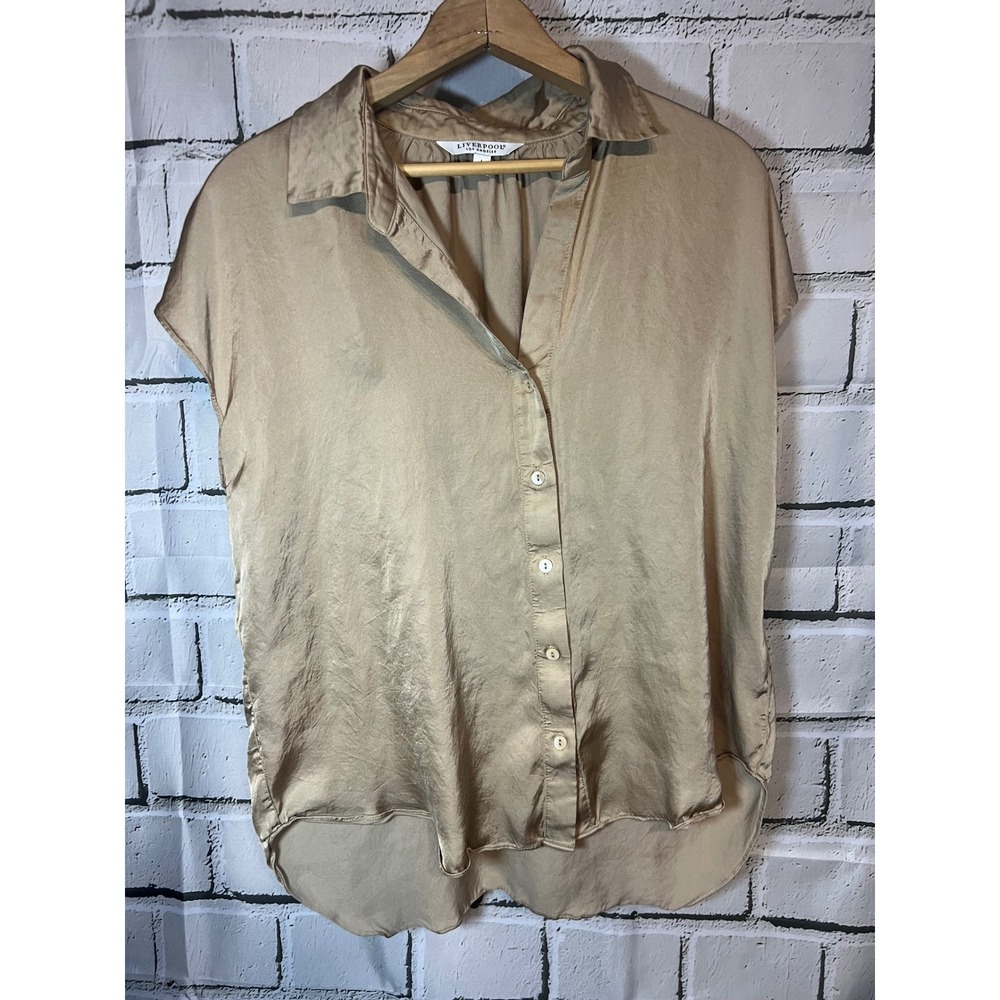Liverpool Los Angeles Satin Cap Sleeve Button Down Blouse Champagne Gold Large